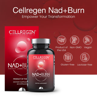 Cellregen NAD+BURN weight loss supplement bottle and packaging, highlighting benefits like non-GMO and vegan-friendly.