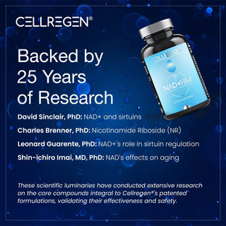 CellRegen NAD+HIM supplement bottle with emphasis on 25 years of research for men's health and vitality.