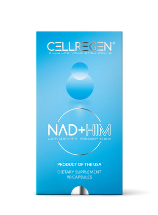 CELLREGEN NAD+HIM supplement box promoting vitality and energy with 90 capsules for men's health.