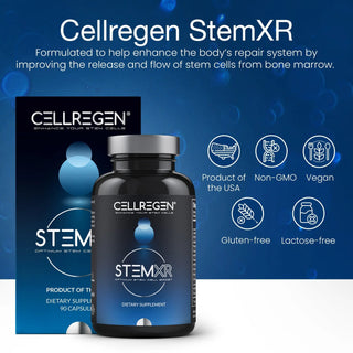 Cellregen StemXR supplement bottle and packaging, promoting stem cell enhancement for energy and vitality.