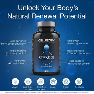 Cellregen StemXR dietary supplement bottle for enhancing stem cell production and rejuvenation.