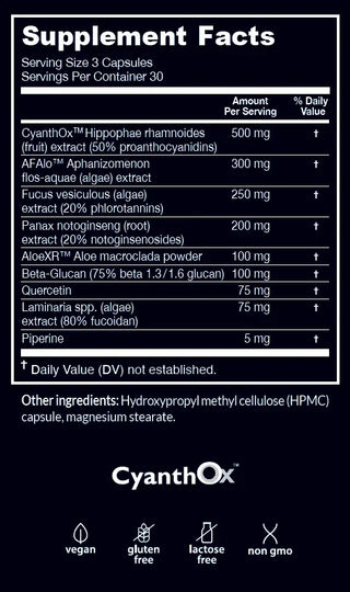 Supplement facts for StemXR® 90 Capsules, highlighting ingredients and nutritional information, including CyanthOx™, AfAlo™, Fucus vesiculosus, Panax notoginseng, and other components.